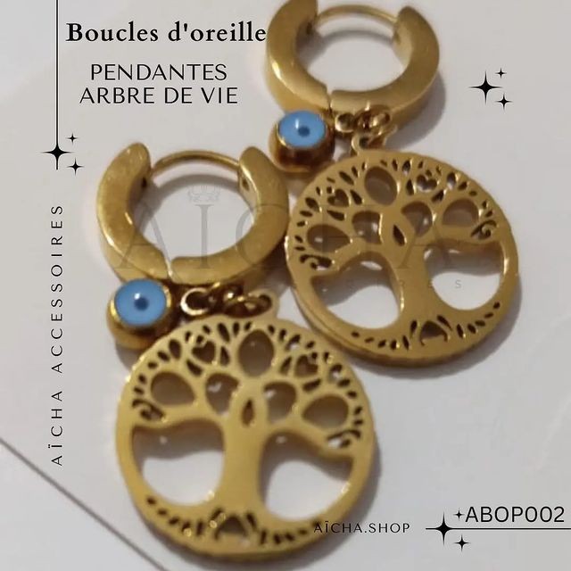 Boucles d'oreilles Pendantes Arbre de vie en acier inoxydable