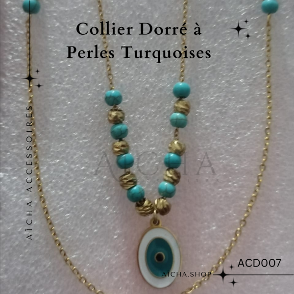 Collier double à perles turquoise et Ain en acier inoxydable