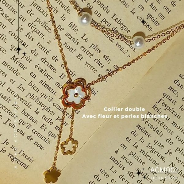 Collier Multirang à perles et fleur blanche en acier inoxydable